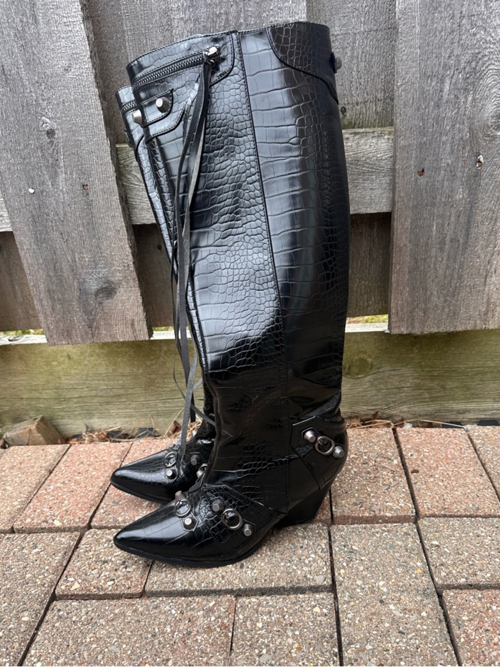Black Vegan Leather Crocodile Wedge Boots *Balenciaga Look*